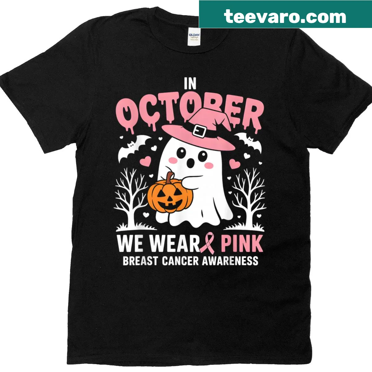 Ghost graphic T-shirt with the message 'In October We Wear Pink' for Breast Cancer Awareness. — on a men's t-shirt