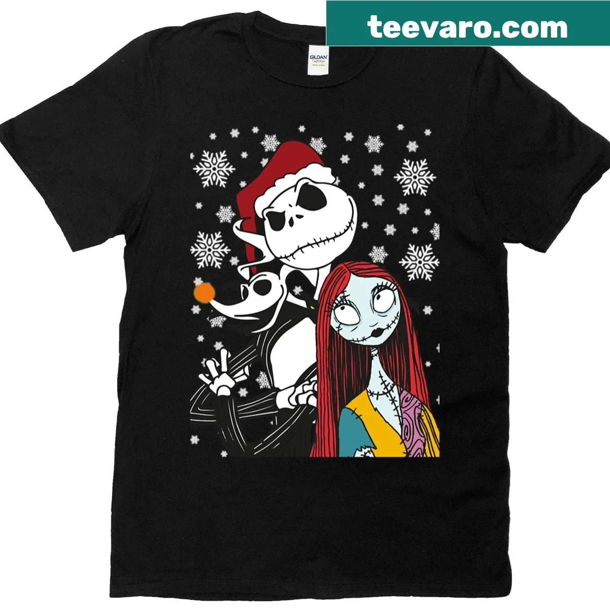 T-shirt featuring Jack Skellington, Zero, and Sally from The Nightmare Before Christmas — on a men's t-shirt