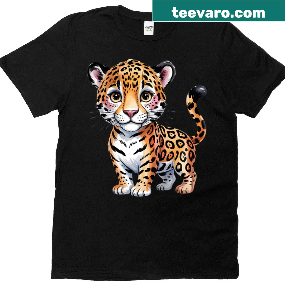 Watercolor illustration of a whimsical jaguar on an oversized t-shirt. — on a men's t-shirt