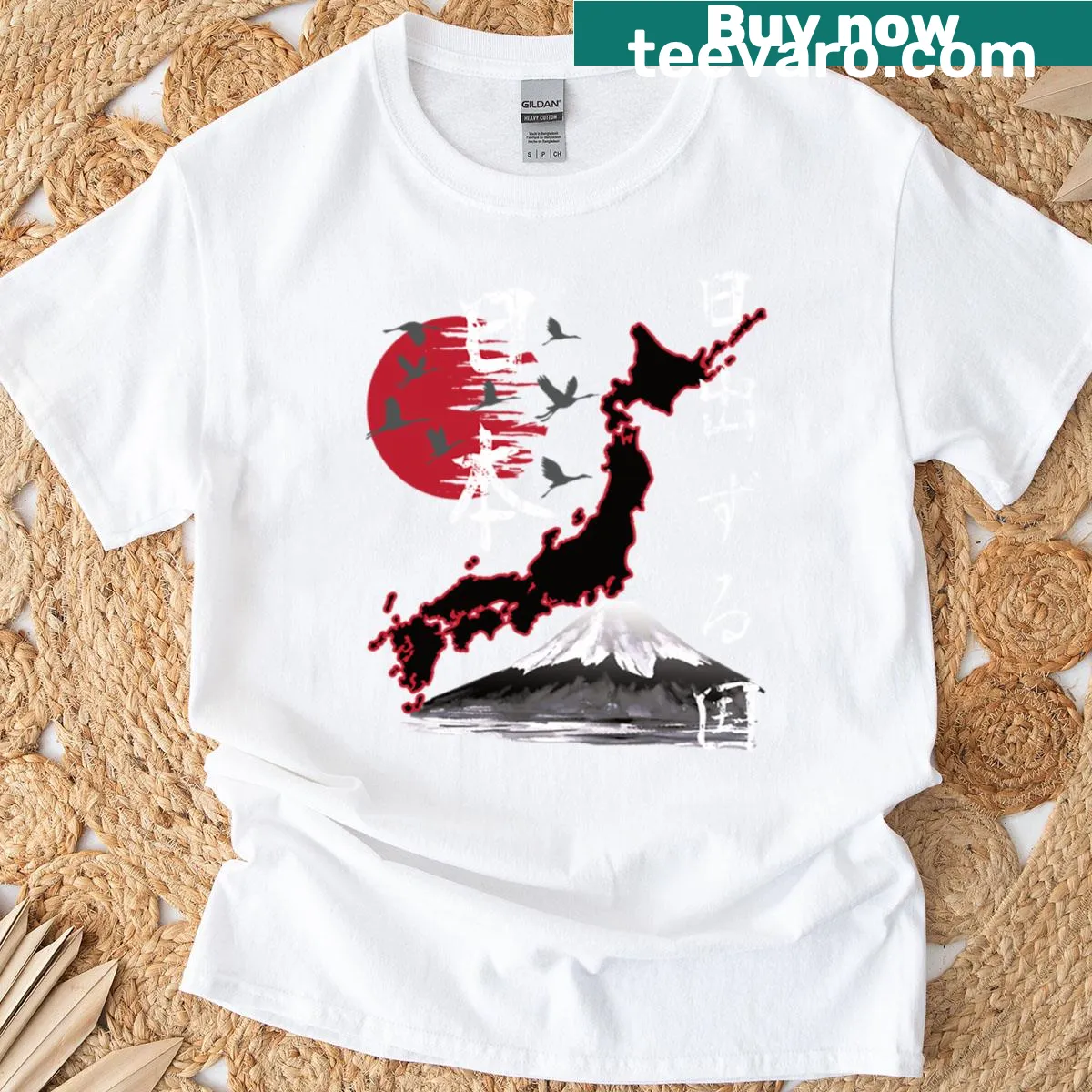 Vintage-style Japan graphic tee with cultural symbols — on a men's t-shirt
