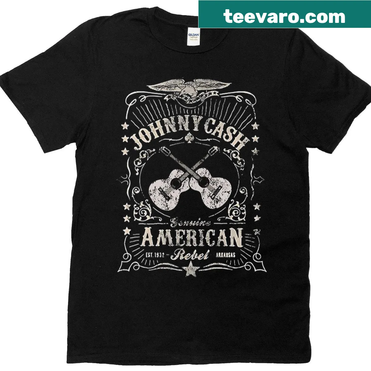 Typography t-shirt celebrating Johnny Cash — on a men's t-shirt