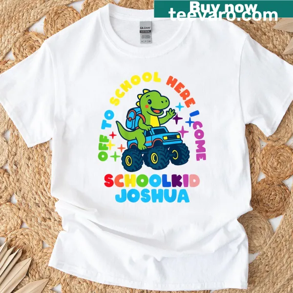 Personalized back-to-school T-shirt with dino truck design