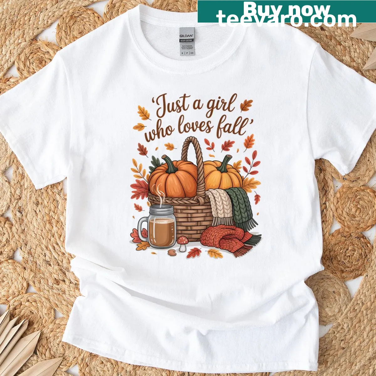 Illustrated autumn pumpkin t-shirt with fall-themed text — on a men's t-shirt
