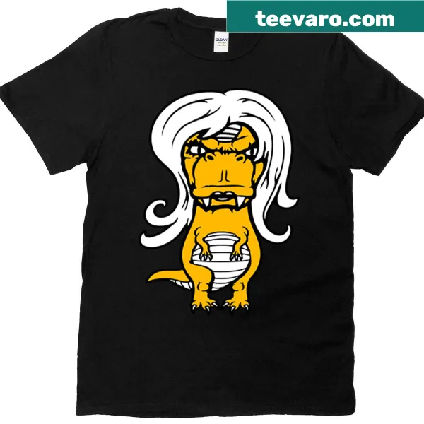 Cartoon T-rex with long hair styled as a 'Karen' on a humorous t-shirt