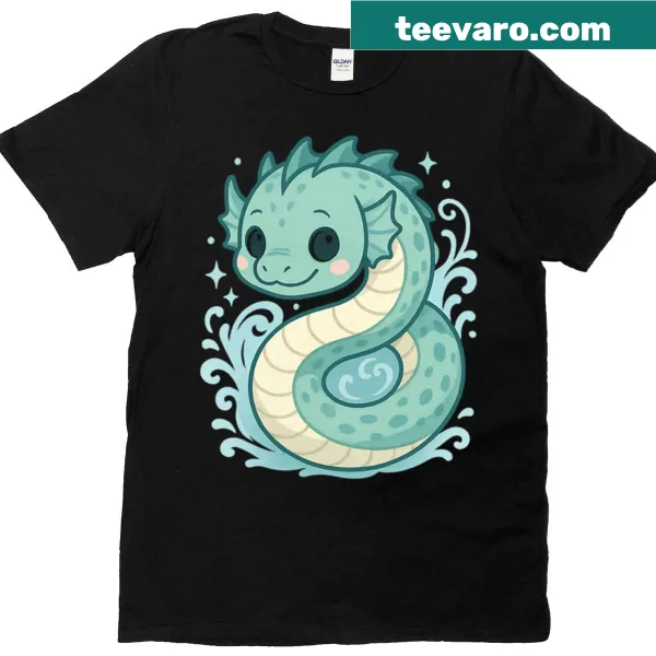 Kawaii sea serpent graphic on an oversized t-shirt for kids.