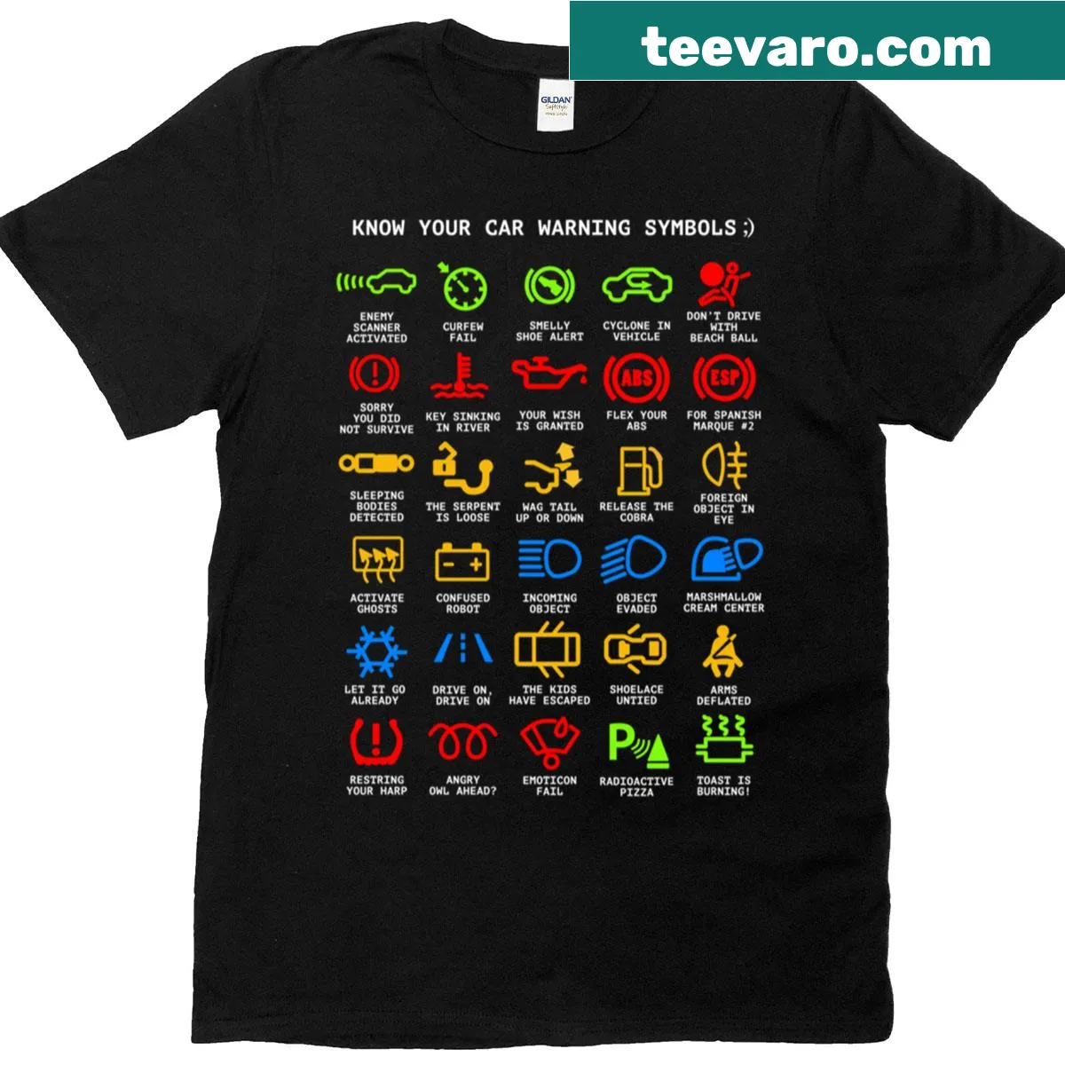 Graphic tee featuring humorous illustrations of car warning lights — on a men's t-shirt