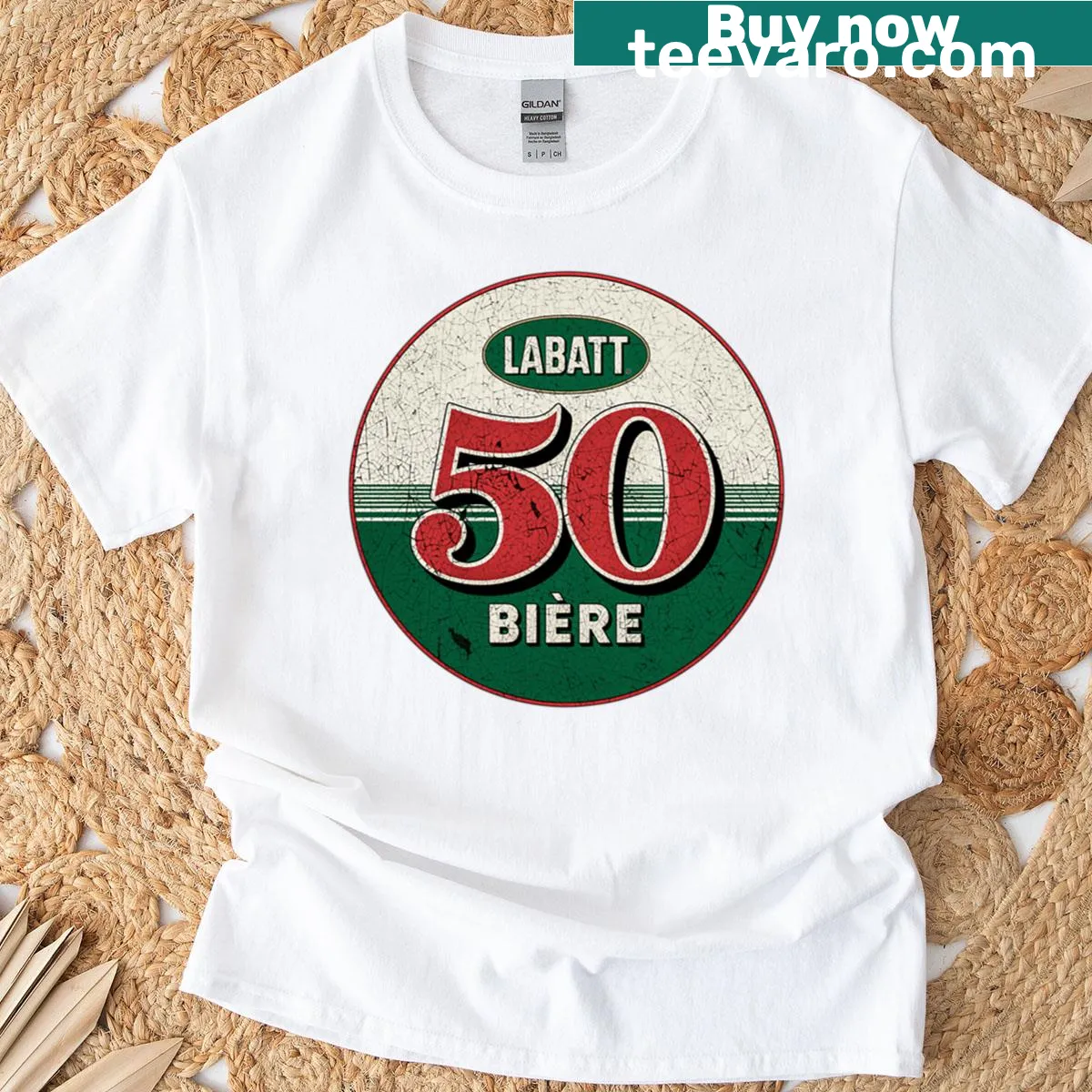 Stylized typography design for Labatt 50 beer t-shirt — on a men's t-shirt
