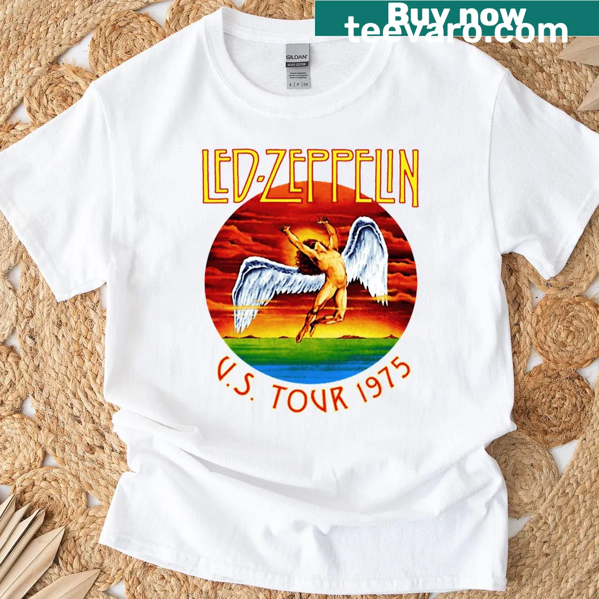 Vintage distressed Led Zeppelin 1975 tour T-shirt with iconic graphics. — on a men's t-shirt