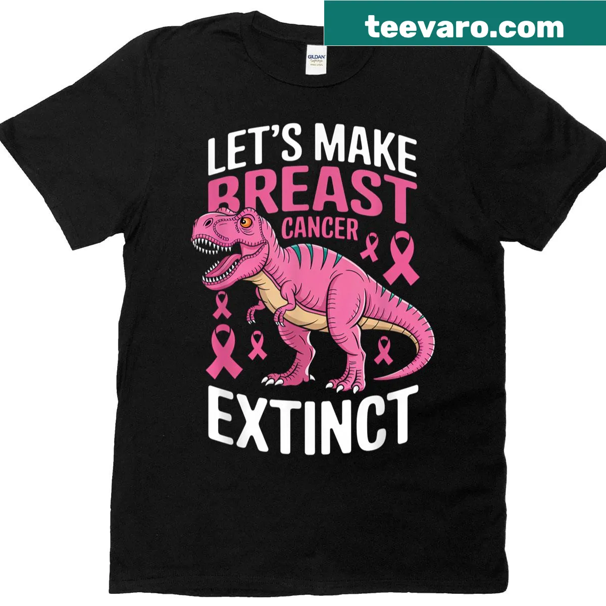 T-shirt with pink dinosaur and breast cancer awareness message — on a men's t-shirt