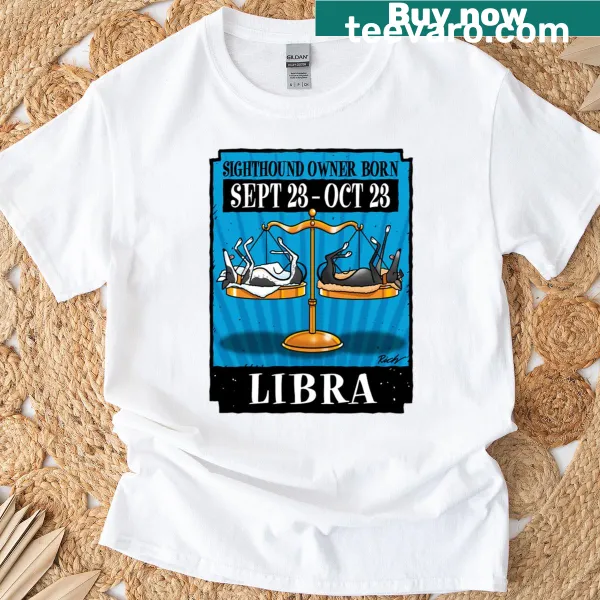 Illustration of hounds and Libra sign on a T-shirt