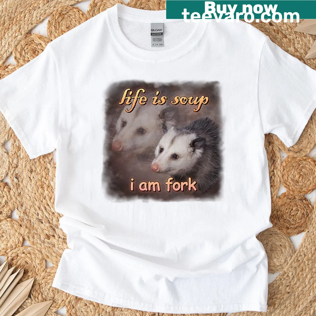 Whimsical shirt featuring the phrase 'Life Is Soup I Am Fork' with a possum graphic — on a men's t-shirt