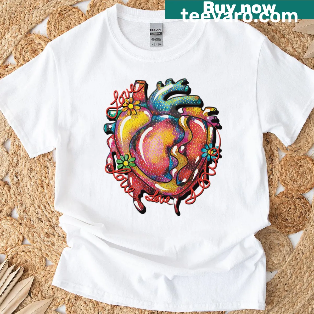 Heart graphic on a boxy t-shirt promoting love and positivity — on a men's t-shirt