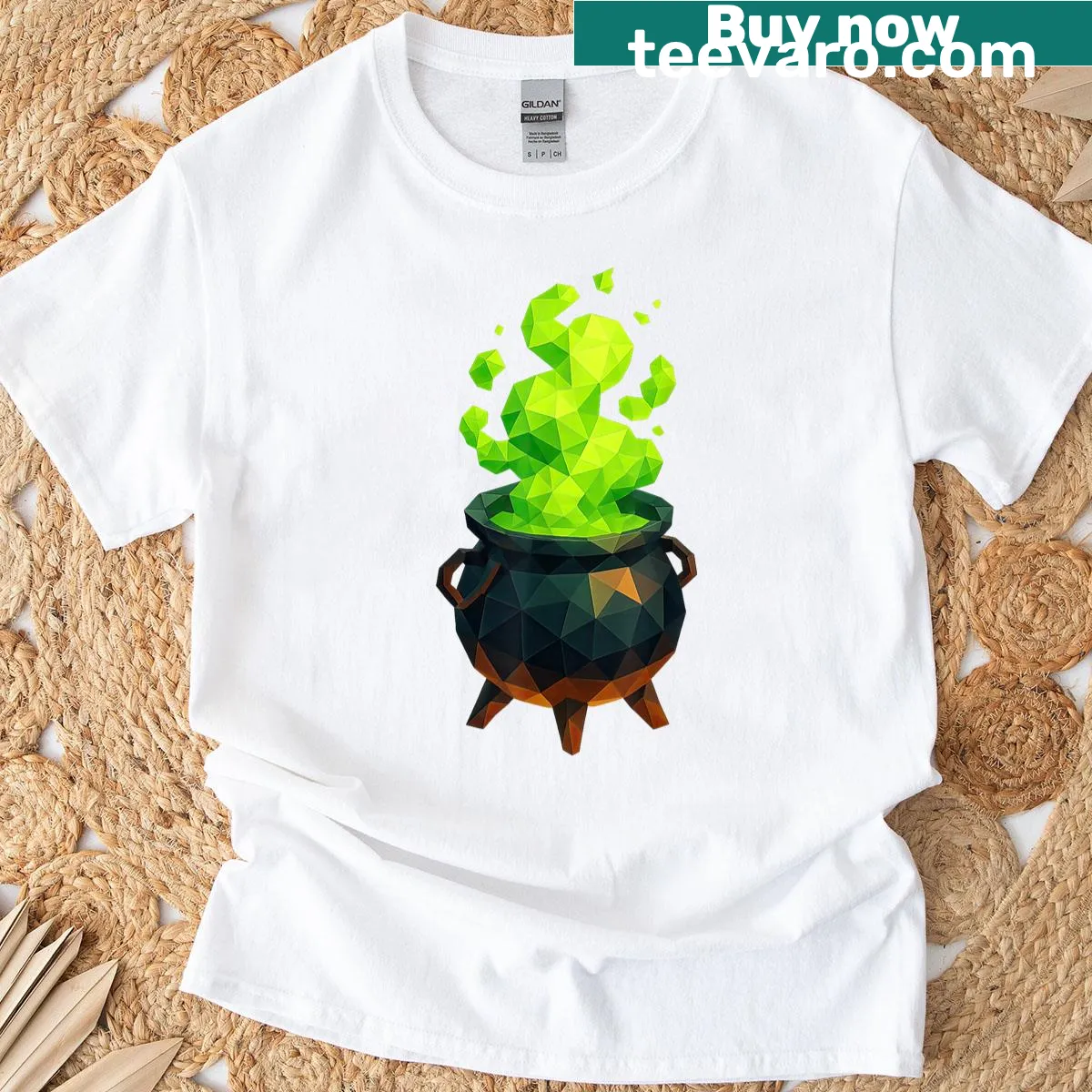 Geometric low poly cauldron design for a mystical-themed t-shirt — on a men's t-shirt