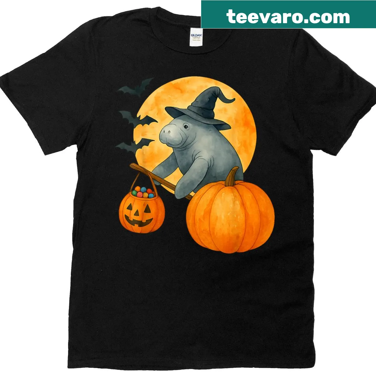Whimsical manatee in a witch hat with pumpkins for Halloween — on a men's t-shirt
