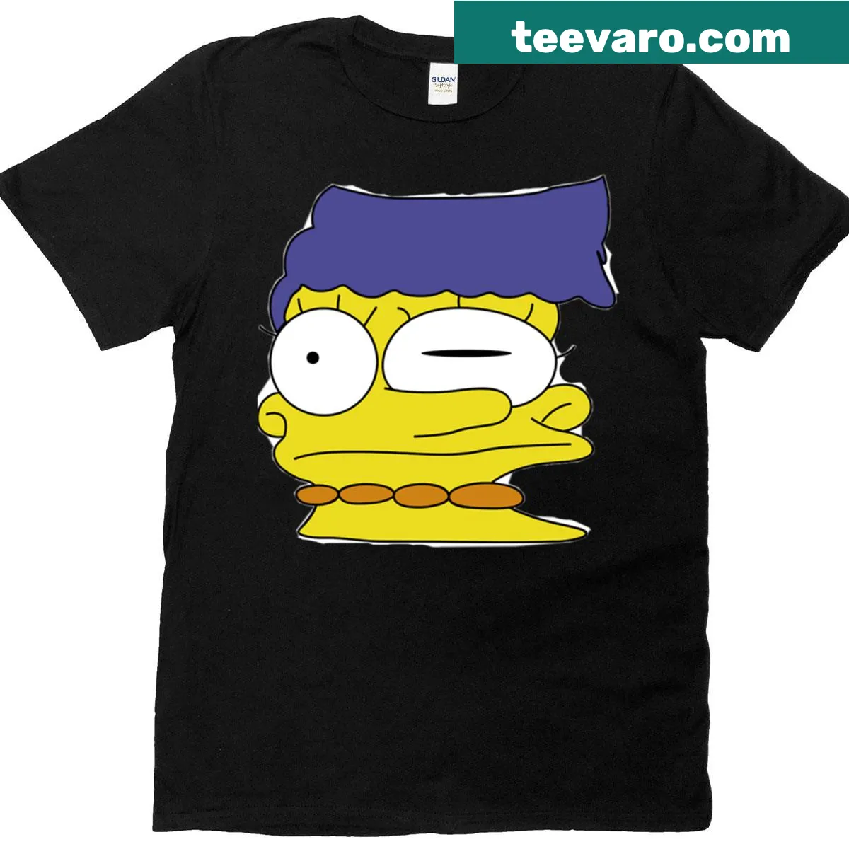 T-shirt featuring a cartoon Marge with a smeared face design — on a men's t-shirt