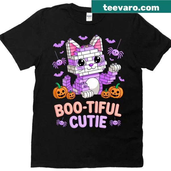 Illustration of a cat next to building blocks for Halloween on a t-shirt