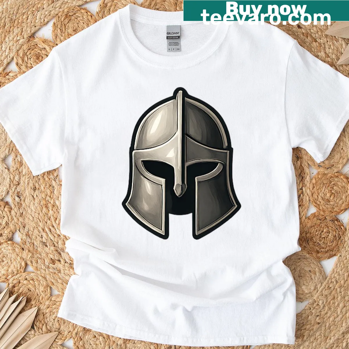 Illustration of a knight's helmet on an oversized tee — on a men's t-shirt