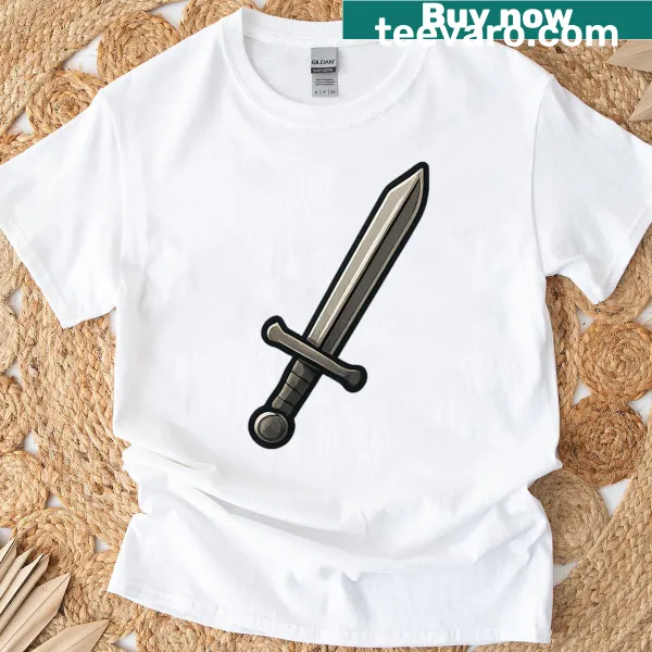 Medieval sword illustration on a T-shirt, reflecting heroism and valor.