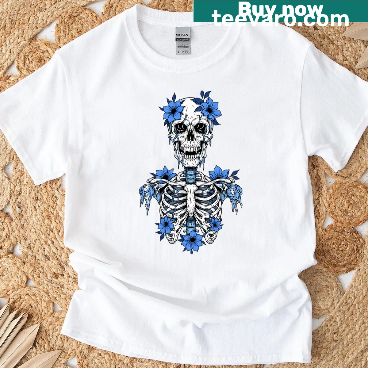 Floral skeleton graphic on a vintage-style T-shirt for gothic art enthusiasts — on a men's t-shirt