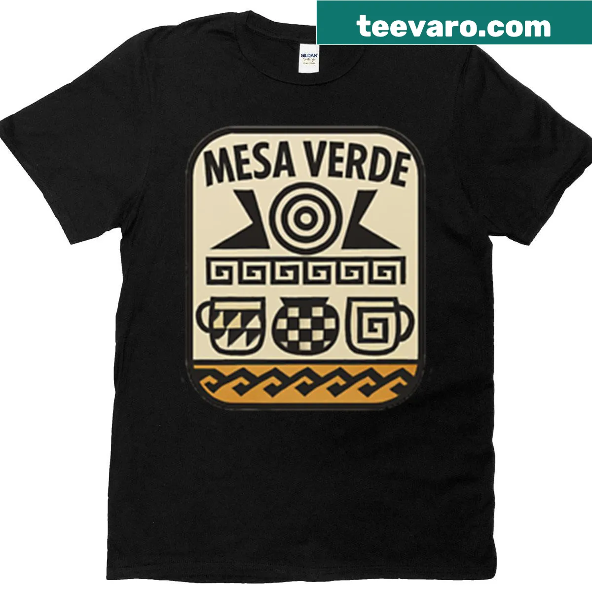 Illustrated Mesa Verde T-shirt featuring cliff dwellings and nature — on a men's t-shirt
