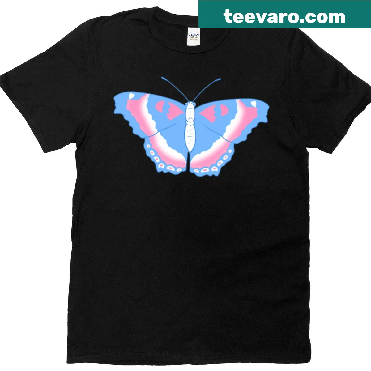 T-shirt featuring a Milberts tortoiseshell butterfly design for Trans Pride. — on a men's t-shirt