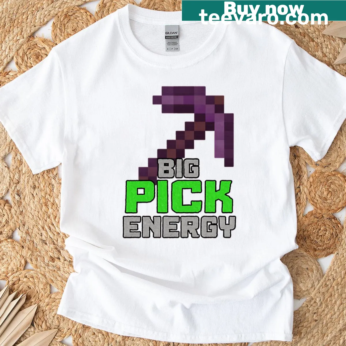 Graphic text saying Big Pick Energy inspired by Minecraft — on a men's t-shirt