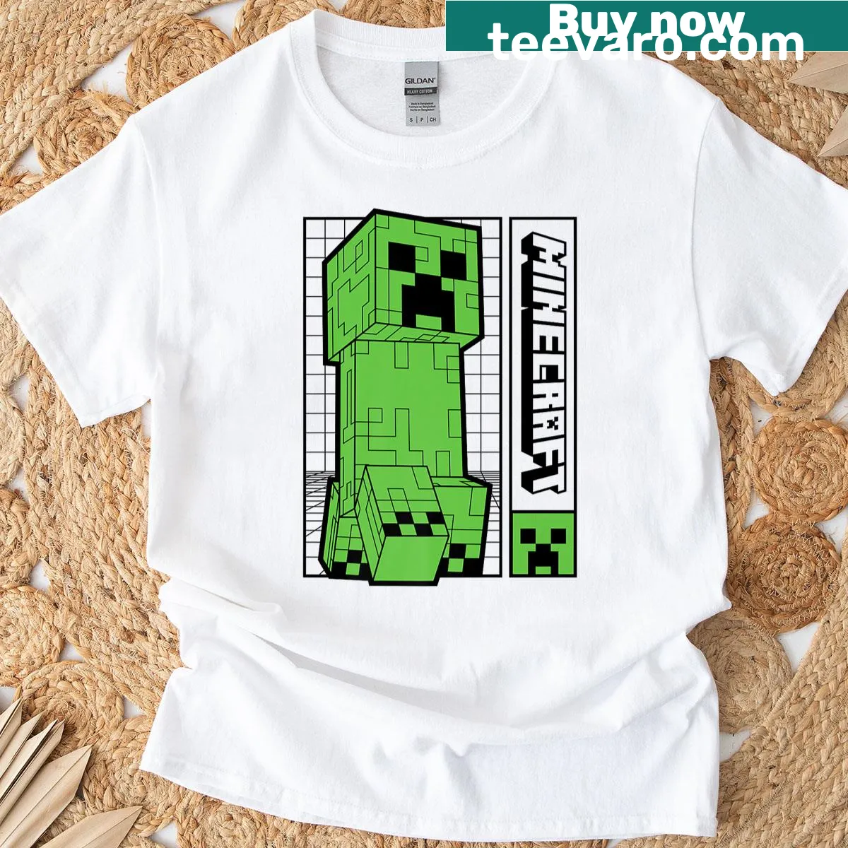 Pixelated Creeper face design on a Minecraft themed t-shirt — on a men's t-shirt