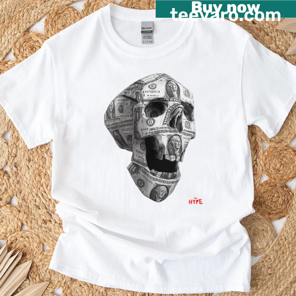 Skull graphic T-shirt with dollar symbols — on a men's t-shirt