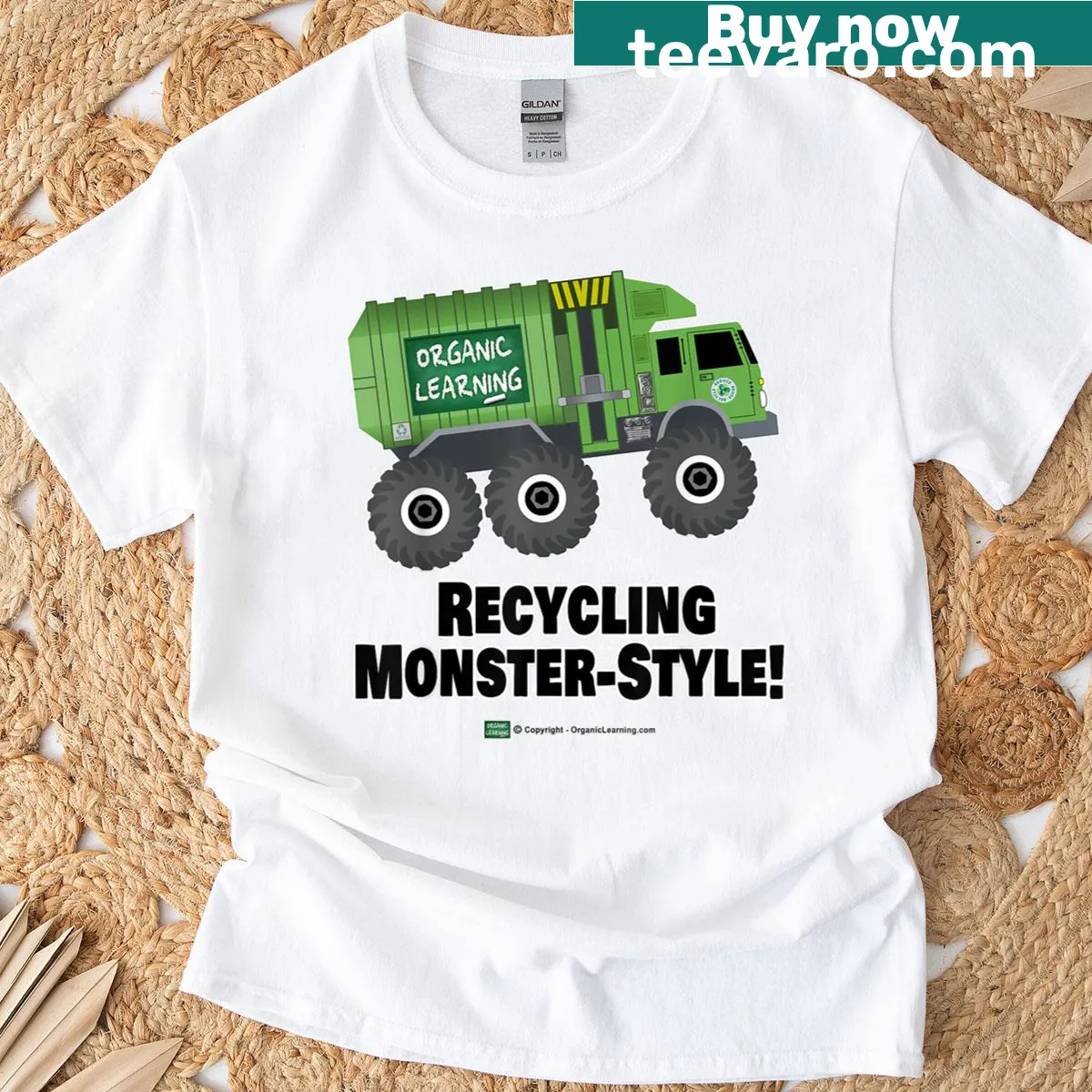 Cartoon monster recycling garbage truck graphic on a t-shirt — on a men's t-shirt