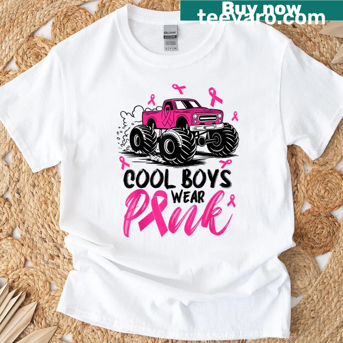 Cartoon-style monster truck in pink promoting breast cancer awareness. — on a men's t-shirt