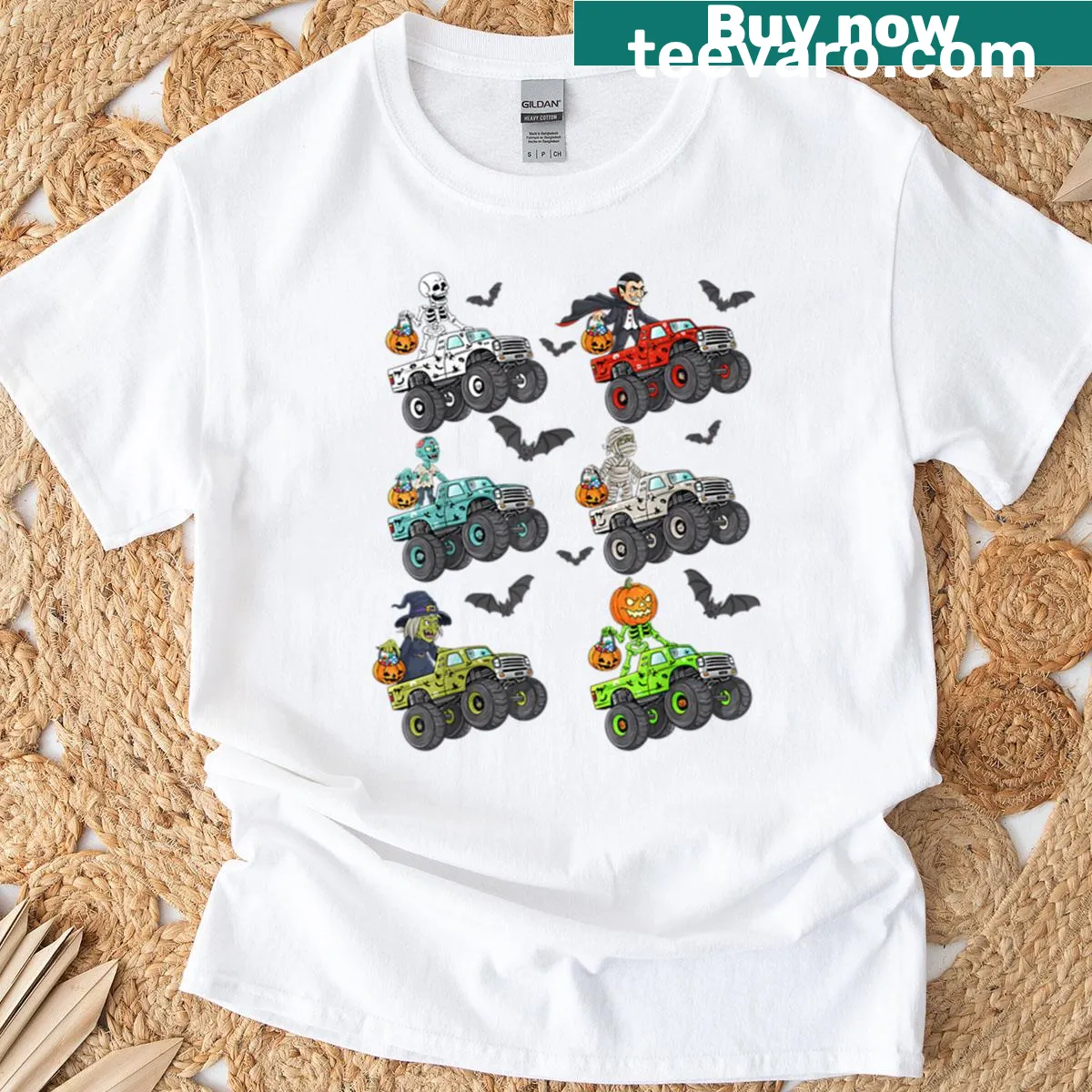 Cartoon monster truck graphic on an oversized tee — on a men's t-shirt