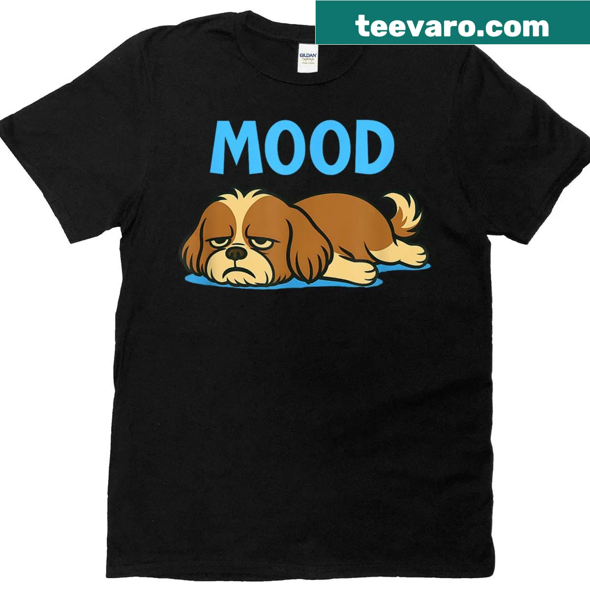 Illustrative T-shirt featuring a Shih Tzu dog with the word 'Mood.' — on a men's t-shirt
