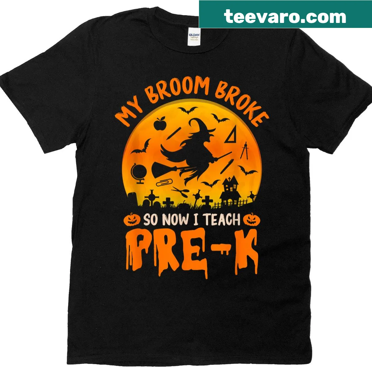 Funny Halloween shirt for teachers with a broom and teaching theme. — on a men's t-shirt