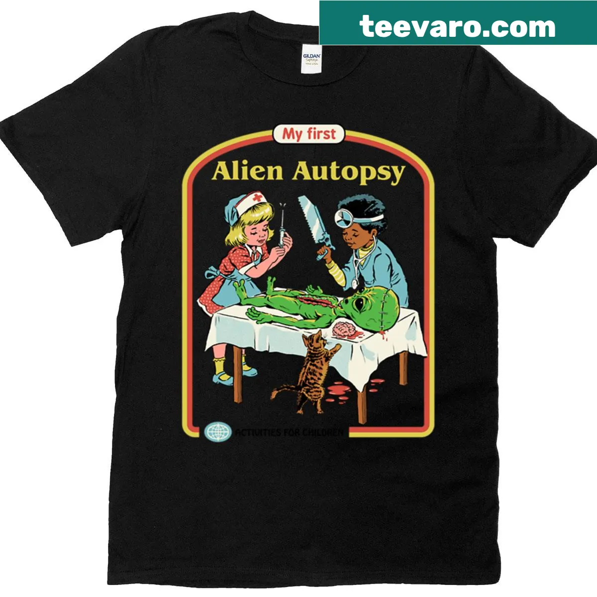 Whimsical alien autopsy design with playful illustrations for sci-fi fans. — on a men's t-shirt