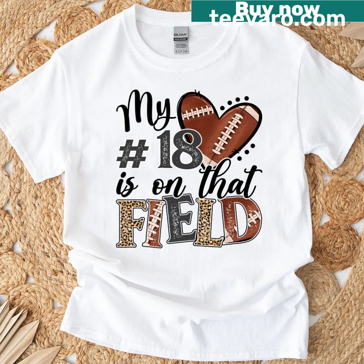 Football mom t-shirt with custom number 18 design — on a men's t-shirt
