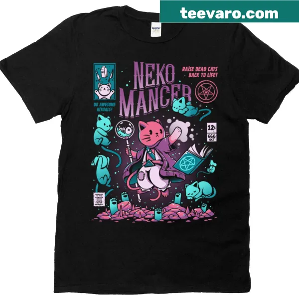 Illustration of a cat wizard on a boxy t-shirt