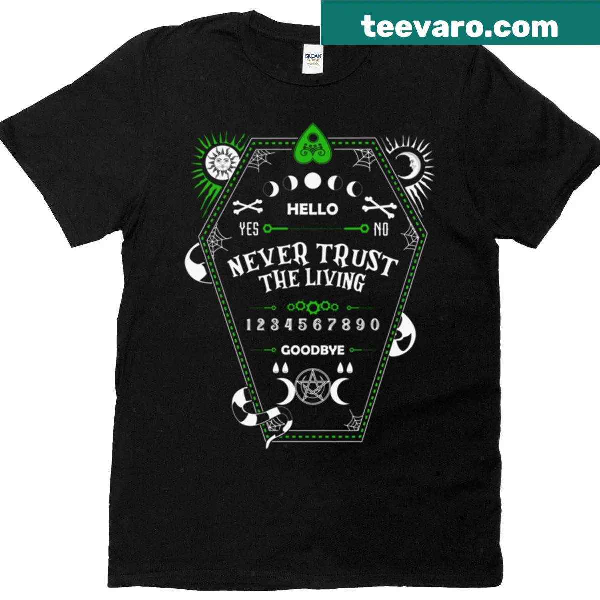 Funny Halloween T-shirt with 'Never Trust The Living' text — on a men's t-shirt