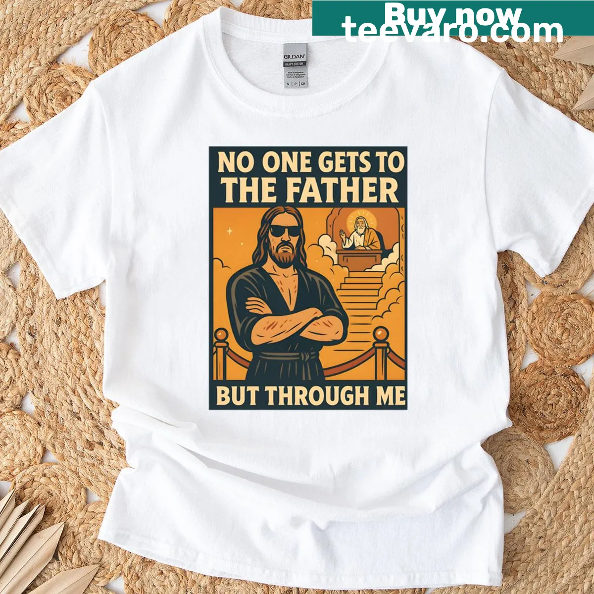 Typography T-shirt with the phrase 'No One Gets To The Father But Through Me' — on a men's t-shirt