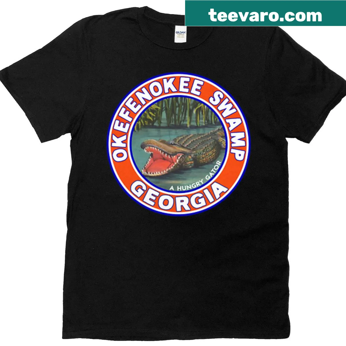 Vintage-style T-shirt featuring an alligator design from Okefenokee Swamp — on a men's t-shirt