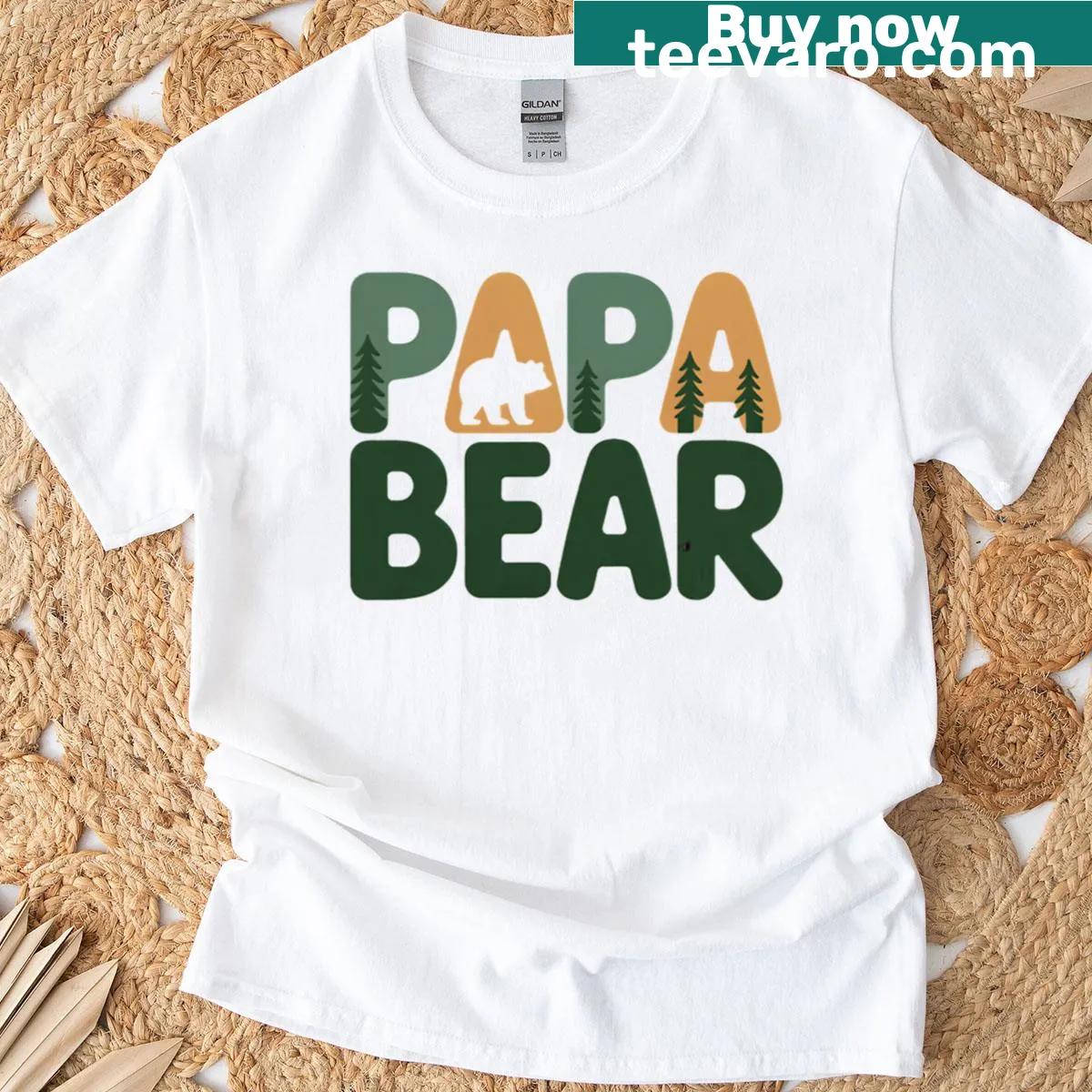 Vintage typography t-shirt with 'Papa Bear' and forest elements — on a men's t-shirt