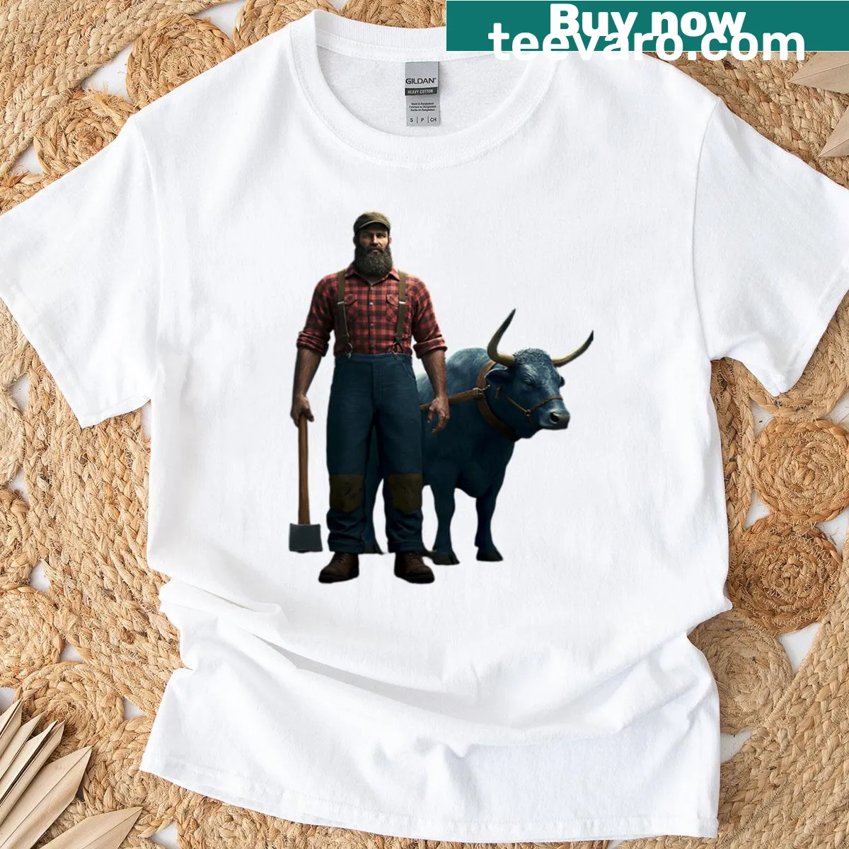 Illustrated t-shirt featuring Paul Bunyan and Babe the Blue Ox — on a men's t-shirt