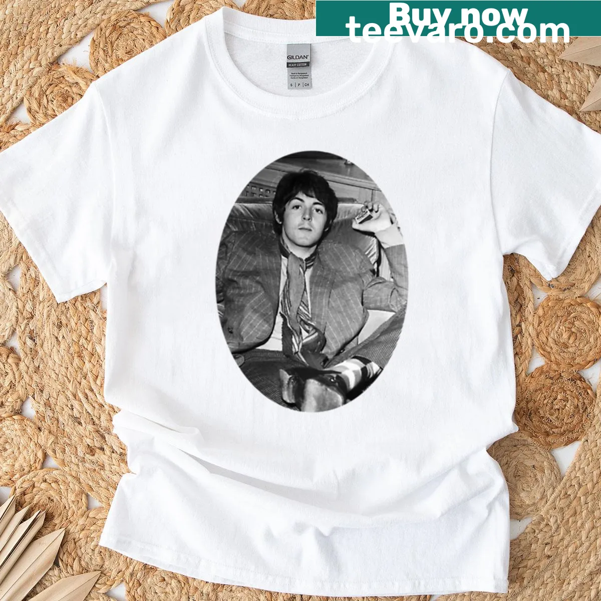 Sticker-inspired t-shirt featuring Paul McCartney design — on a men's t-shirt