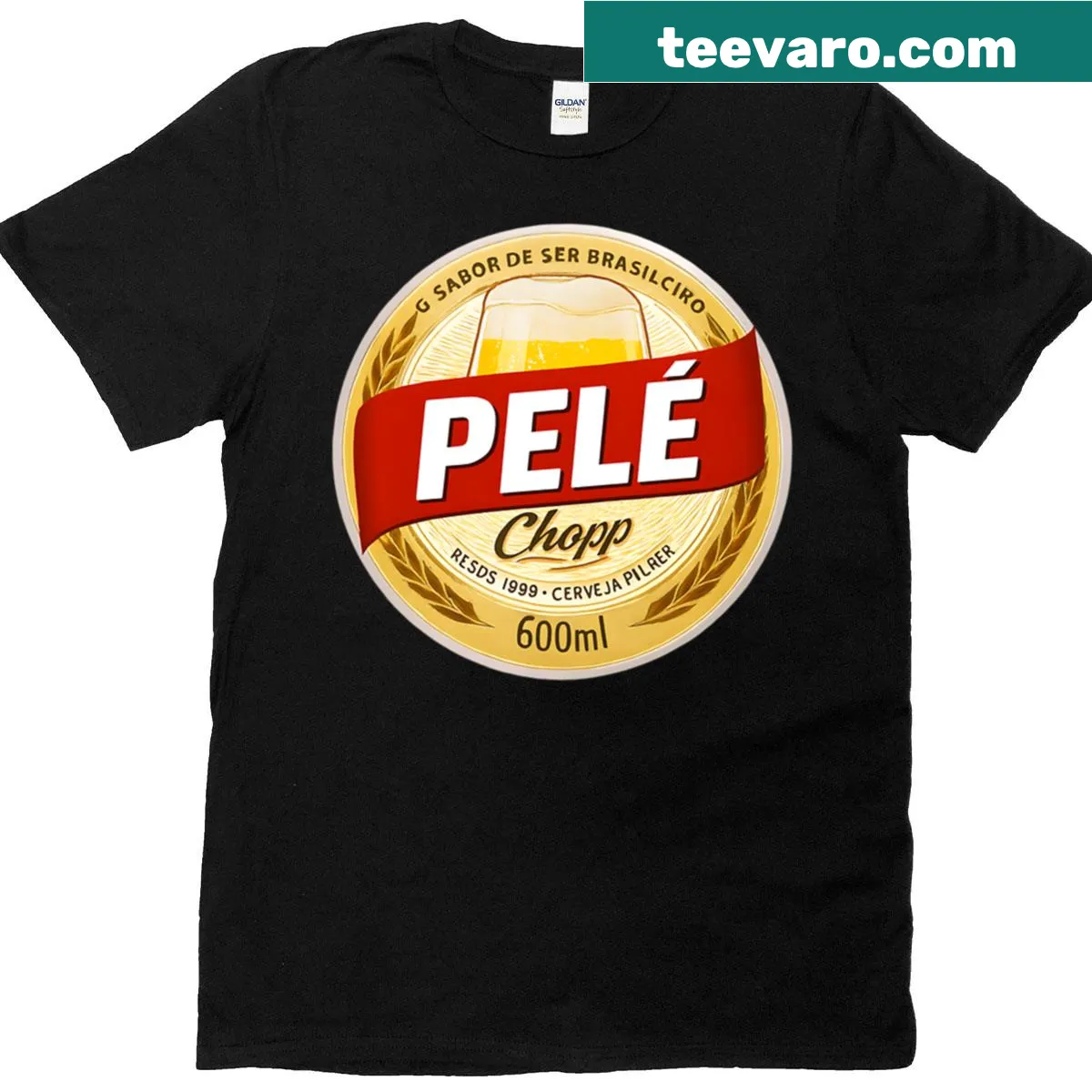 Vintage parody beer label design with Brazilian football theme and Pelé — on a men's t-shirt