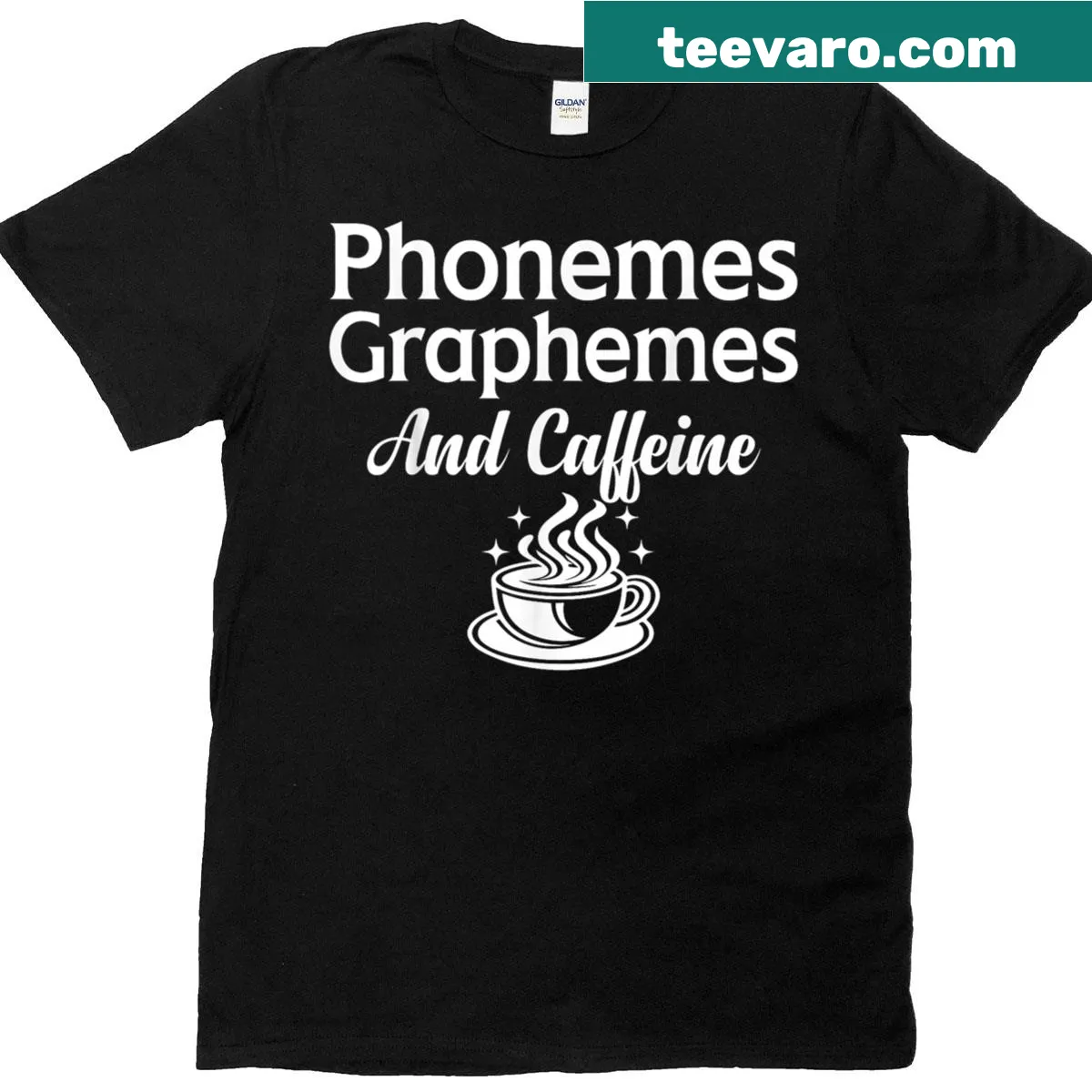 Retro t-shirt for reading teachers featuring phonemes, graphemes, and caffeine. — on a men's t-shirt