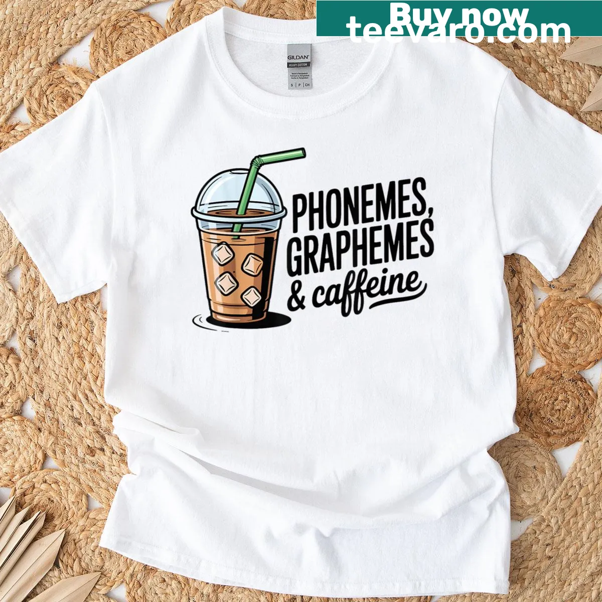 Playful shirt with 'Phonemes Graphemes And Caffeine' text for educators. — on a men's t-shirt