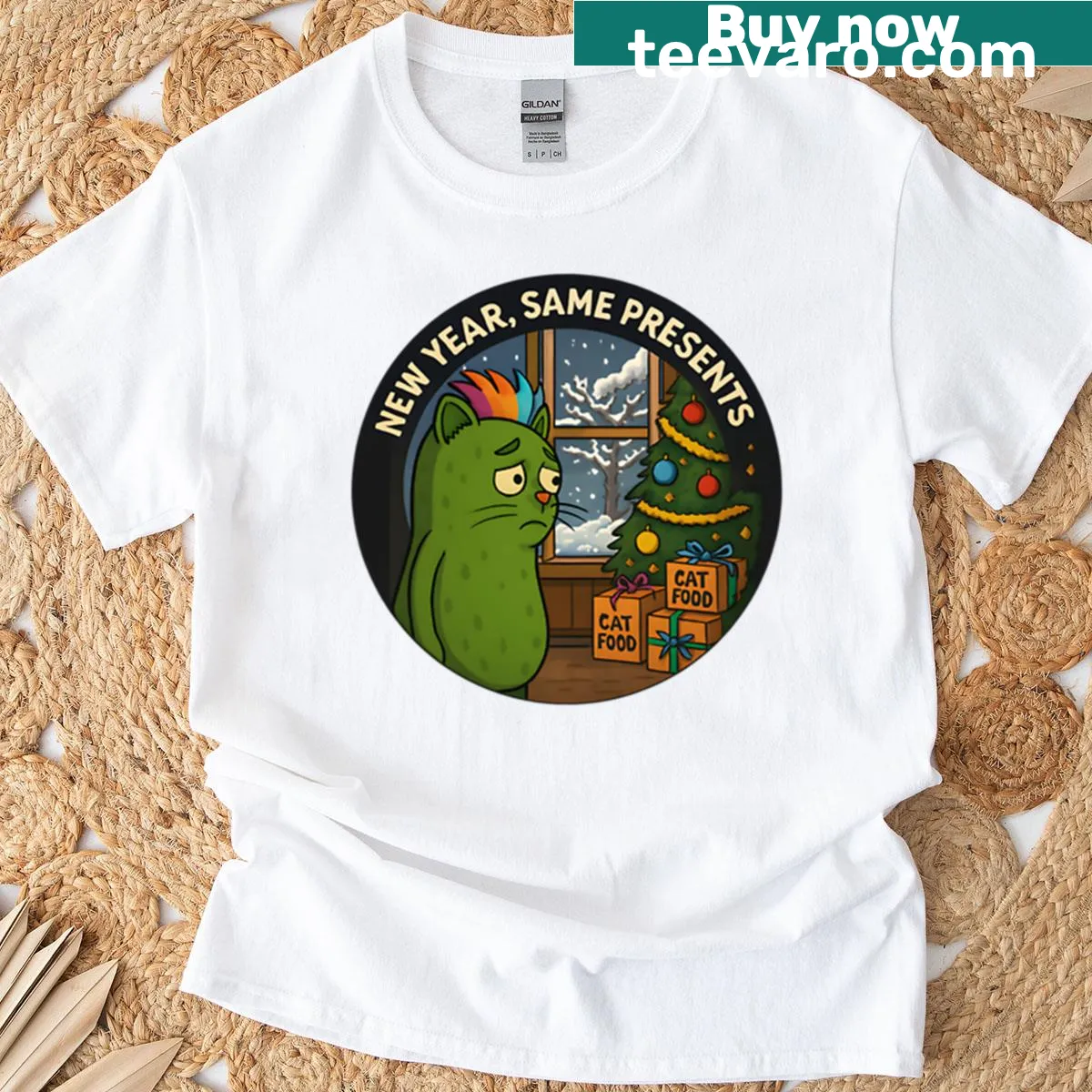 Christmas t-shirt featuring a cat in a pickle costume — on a men's t-shirt