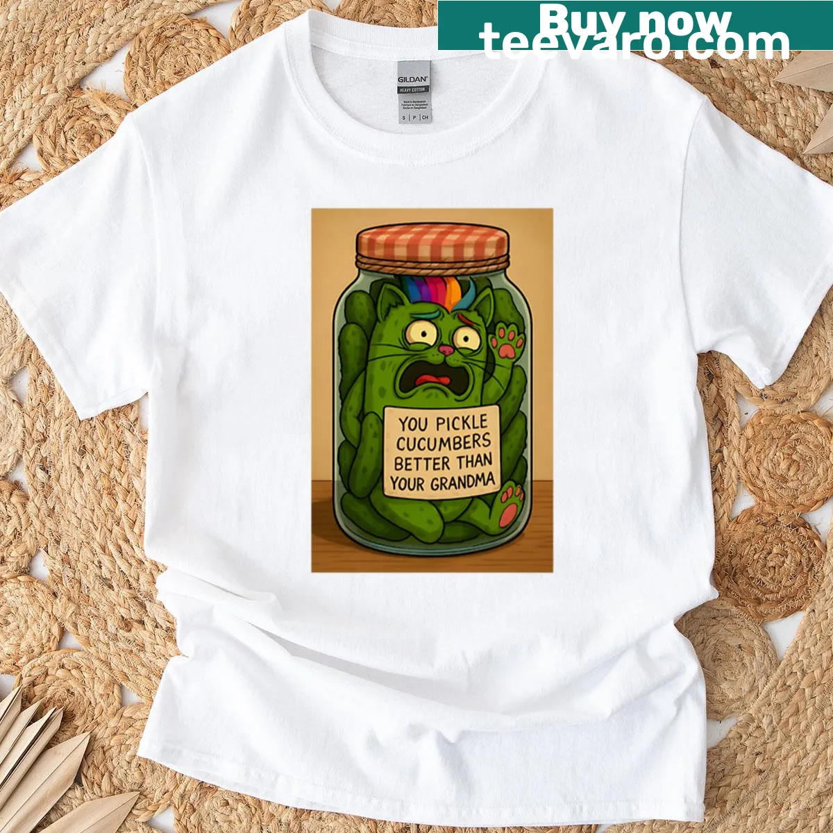 Funny pickle cat illustration shirt design — on a men's t-shirt