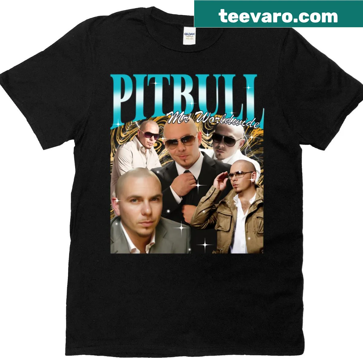 Vintage-style T-shirt featuring a pitbull and 'Mr Worldwide' text — on a men's t-shirt