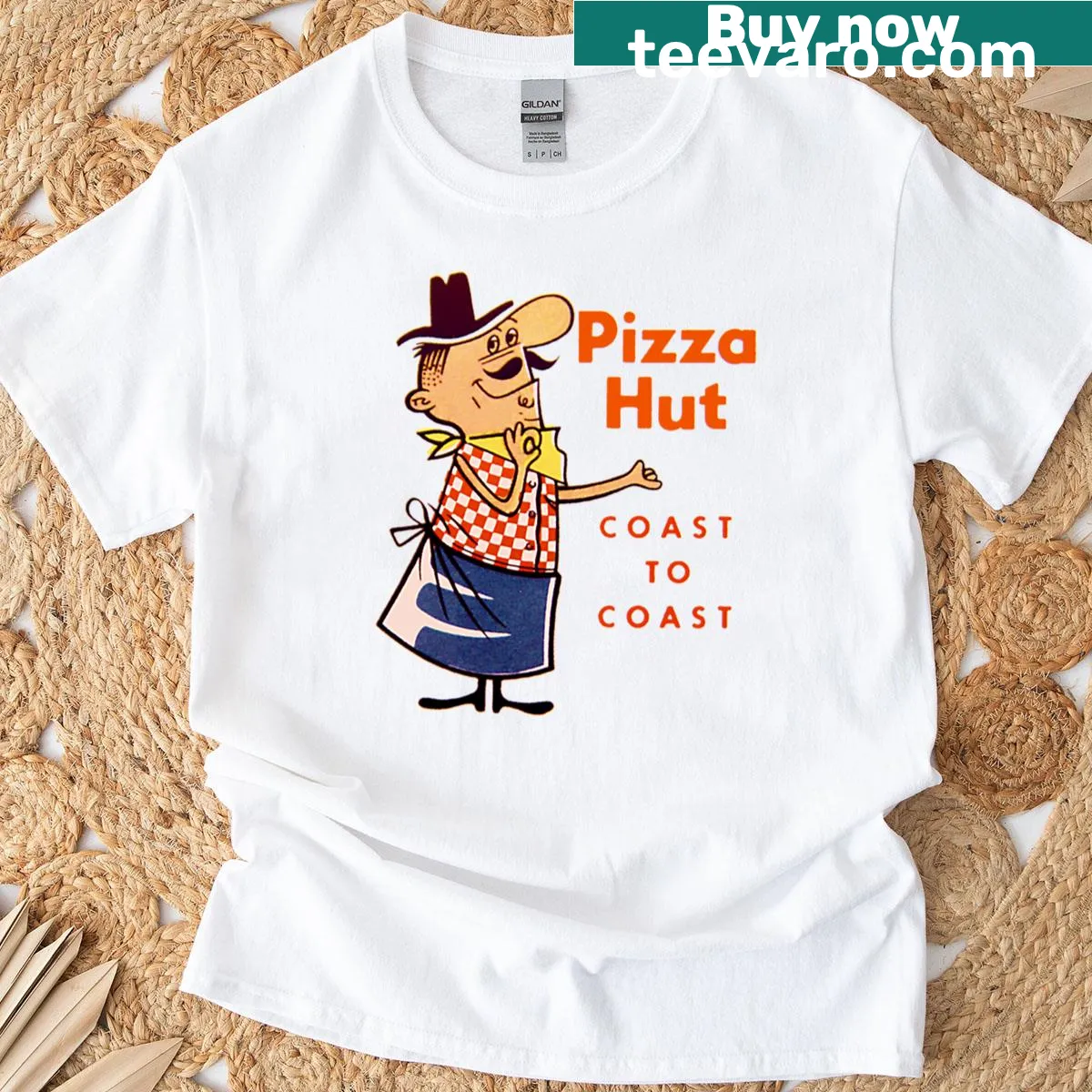 Oversized shirt featuring playful graphics of Pizza Pete from 1969. — on a men's t-shirt