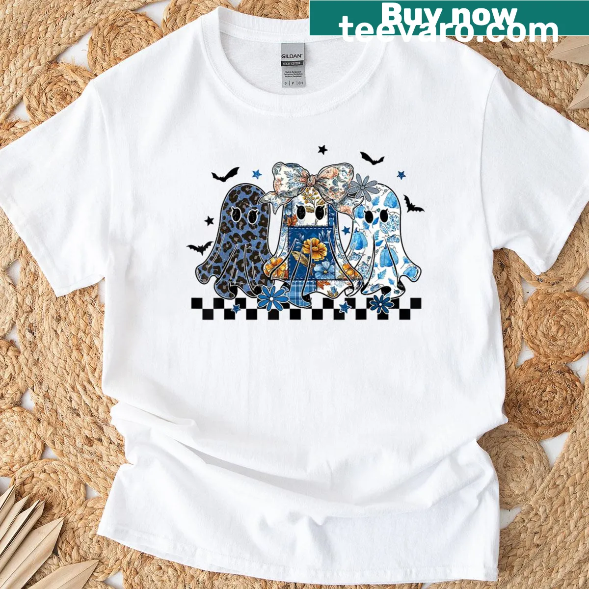 Cute Halloween shirt with ghost and coquette bow illustration — on a men's t-shirt